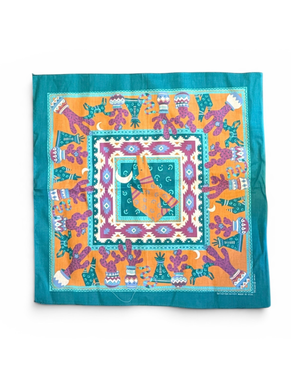 Vintage 80s Springs Southwestern Coyote Cactus Bandana Teal USA RN16463 21x21 - Picture 3 of 3
